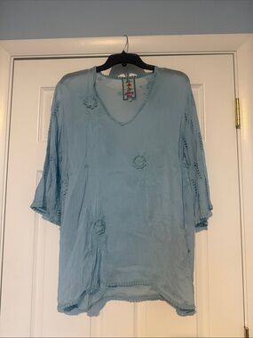 Johnny Was Light Blue Floral Embellished V-Neck Women's Top